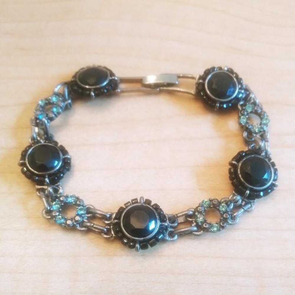 Liz Claiborne Gun Metal Bracelet with Black Faceted Stones & Green Rhinestones